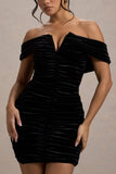 Little Glint Black Velvet Ruched Bardot V-Neck Mini Dress