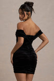 Little Glint Black Velvet Ruched Bardot V-Neck Mini Dress