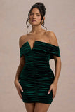 Little Glint Bottle Green Velvet Ruched Bardot V-Neck Mini Dress
