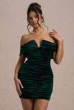 Little Glint Bottle Green Velvet Ruched Bardot V-Neck Mini Dress
