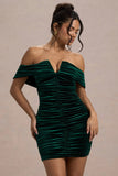 Little Glint Bottle Green Velvet Ruched Bardot V-Neck Mini Dress