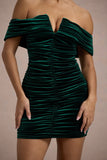 Little Glint Bottle Green Velvet Ruched Bardot V-Neck Mini Dress