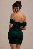 Little Glint Bottle Green Velvet Ruched Bardot V-Neck Mini Dress