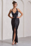 Rebecca Black Satin Plunge Halter-Neck Open-Back Split Maxi Dress