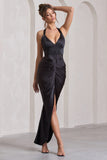 Rebecca Black Satin Plunge Halter-Neck Open-Back Split Maxi Dress
