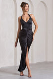 Rebecca Black Satin Plunge Halter-Neck Open-Back Split Maxi Dress
