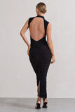 Jaded Black Bodycon Ruched High-Neck Open-Back Maxi Dress