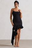 Fleetwood Black Ruched Mini Dress With Asymmetric Ruffle Hem
