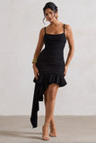 Fleetwood Black Ruched Mini Dress With Asymmetric Ruffle Hem
