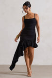 Fleetwood Black Ruched Mini Dress With Asymmetric Ruffle Hem