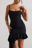 Fleetwood Black Ruched Mini Dress With Asymmetric Ruffle Hem