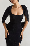 Broadway Black Embellished Fishtail Maxi Dress With Cape Sleeves