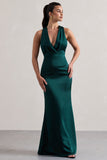 Tiffany Bottle Green Satin Plunge-Neck Maxi Dress