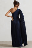 My Vision Navy Plisse Asymmetric Split Maxi Dress With Cape Sleeve