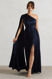 My Vision Navy Plisse Asymmetric Split Maxi Dress With Cape Sleeve