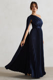 My Vision Navy Plisse Asymmetric Split Maxi Dress With Cape Sleeve