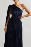My Vision Navy Plisse Asymmetric Split Maxi Dress With Cape Sleeve