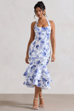 Arla Blue Floral Halter-Neck Ruffle Trim Midi Dress
