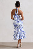 Arla Blue Floral Halter-Neck Ruffle Trim Midi Dress