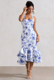 Arla Blue Floral Halter-Neck Ruffle Trim Midi Dress