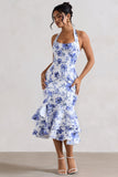 Arla Blue Floral Halter-Neck Ruffle Trim Midi Dress