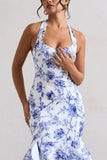 Arla Blue Floral Halter-Neck Ruffle Trim Midi Dress