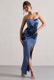Wisteria Blue Print Strappy Split Maxi Dress