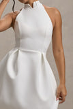 Dottie White High-Neck Mini Dress With Pleated Skirt