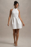 Dottie White High-Neck Mini Dress With Pleated Skirt