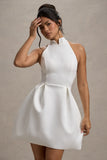 Dottie White High-Neck Mini Dress With Pleated Skirt