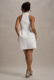 Dottie White High-Neck Mini Dress With Pleated Skirt