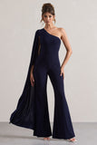 Julie Navy Asymmetric Flared-Leg Jumpsuit With Cape Sleeve