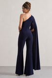 Julie Navy Asymmetric Flared-Leg Jumpsuit With Cape Sleeve