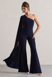 Julie Navy Asymmetric Flared-Leg Jumpsuit With Cape Sleeve