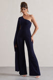 Julie Navy Asymmetric Flared-Leg Jumpsuit With Cape Sleeve