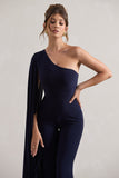 Julie Navy Asymmetric Flared-Leg Jumpsuit With Cape Sleeve