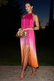 Arizona Pink & Orange Ombre Fringe High-Neck Mini Dress
