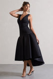 Amoret Black Plunge-Neck Maxi Dress With Volume Hem