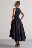 Amoret Black Plunge-Neck Maxi Dress With Volume Hem