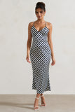 Aquarius Navy Wave Print Satin Open-Back Midi Dress