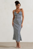 Aquarius Navy Wave Print Satin Open-Back Midi Dress