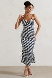 Aquarius Navy Wave Print Satin Open-Back Midi Dress