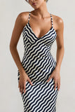 Aquarius Navy Wave Print Satin Open-Back Midi Dress