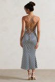 Aquarius Navy Wave Print Satin Open-Back Midi Dress