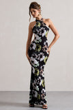 Tuscany Black Floral Print Halter-Neck Split Maxi Dress