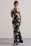 Tuscany Black Floral Print Halter-Neck Split Maxi Dress