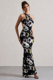 Tuscany Black Floral Print Halter-Neck Split Maxi Dress