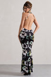 Tuscany Black Floral Print Halter-Neck Split Maxi Dress