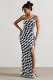 Magnetic Navy Wave Print Cowl-Neck Split Maxi Dress
