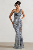Magnetic Navy Wave Print Cowl-Neck Split Maxi Dress